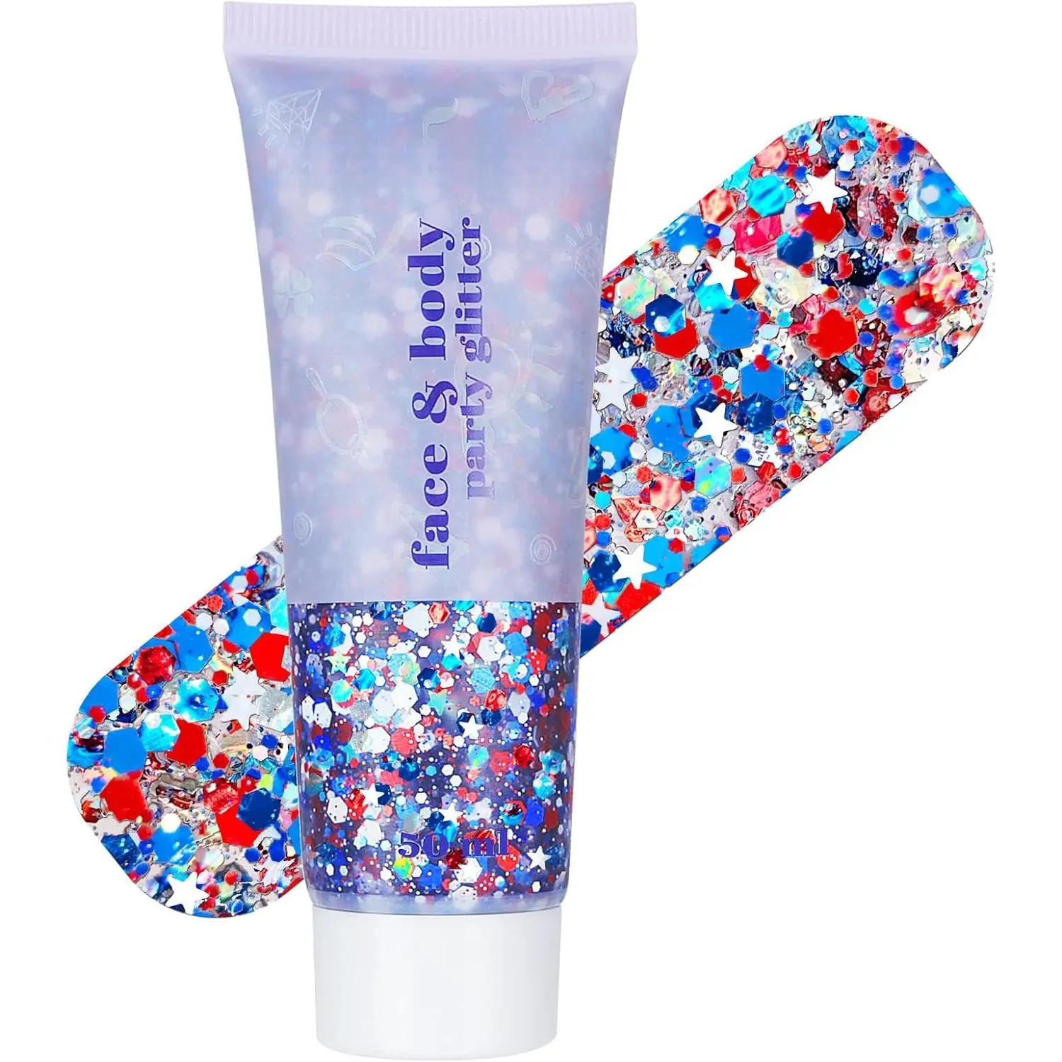 Glory Red White Blue Sequins Body Glitter Cream - Hypoallergenic, Self-Adhesive, Alcohol-Free, Hexagon-Shaped, Laser-Effect Long-Lasting Shine Patriotic Cosmetic for 4th of July Independence Day, Women's & Children's Hair Gel