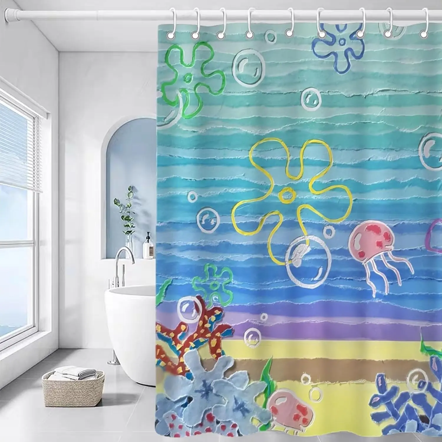 Cute Beach Ocean Shower Curtain with 12 Hooks, 72“ W x 72” H,Waterproof Print, Washable Fabric Bath Curtain