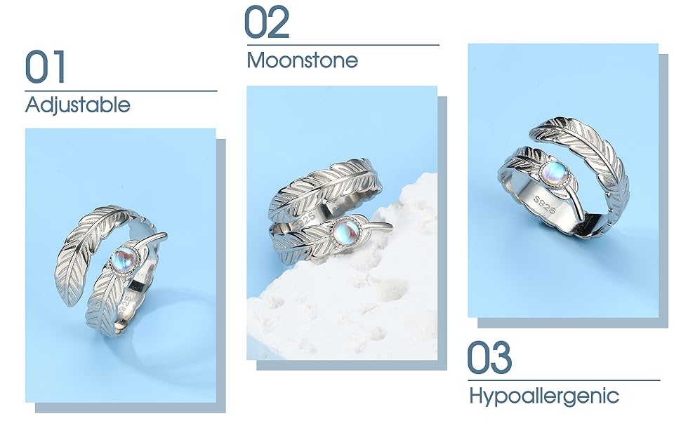 Adjustable 925 Sterling Silver Rings for Women Trendy Feather Thumb Rings for Women Open Moonstone Angel Wings Ring for Girls Kids Jewellery Gifts