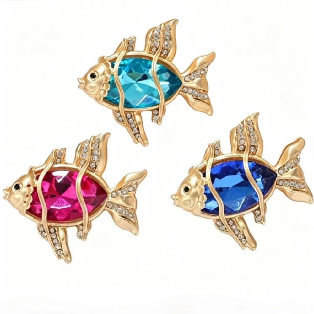 3 Color Large Crystal Gold Fish Brooch Set Unisex Rhinestone Marine Lapel Pin Gift