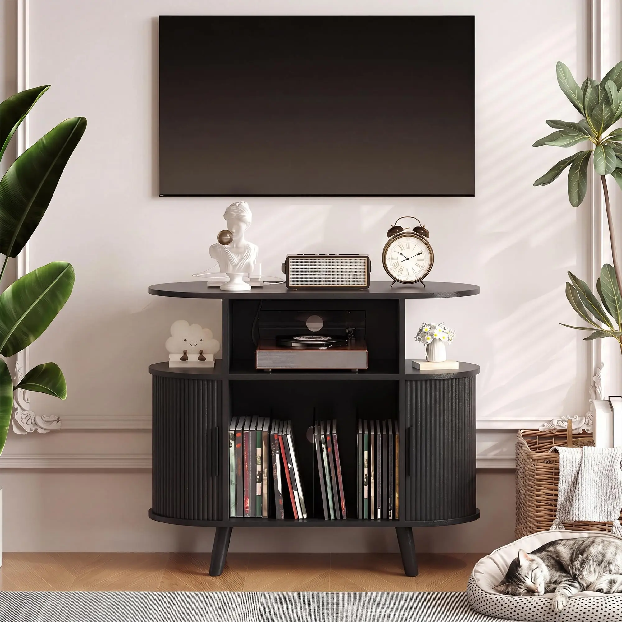 35" Fluted Mid Century Modern Turntable Cabinet, Large Round Record Player Stand with Charging Station & Display Shelf for Living Room