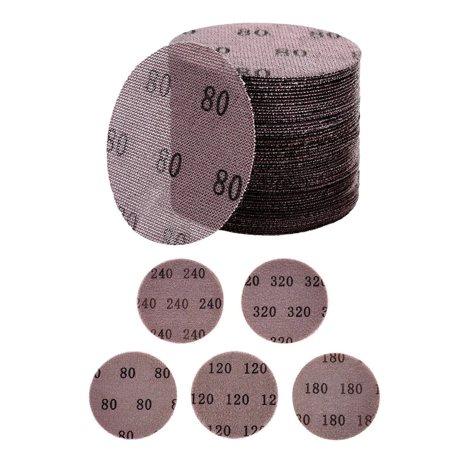 VEVOR 5-in Mesh Abrasive Sanding Discs 50PCS, Dust-Free Multi-Grit 80/120/180/240/320 Anti-Clogging Ceramic Mesh Discs, Hook-Loop for Furniture Wood Metal Paint Removal, Ceramics, Inches