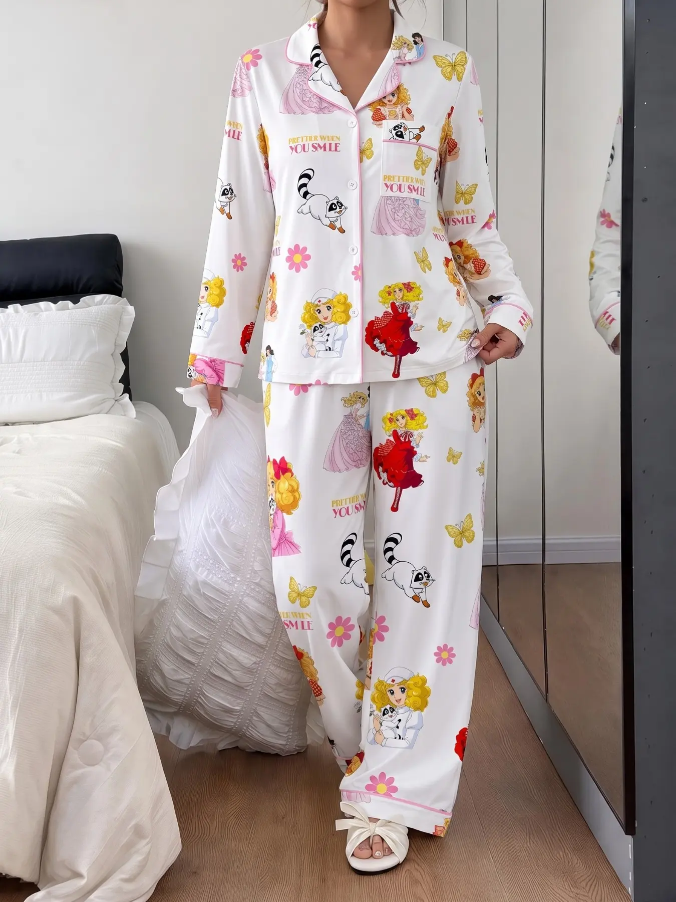 Spring Fall Women's Pajama Set, Wearable Long Sleeve Shirt and Loose Pants, Casual Fashion Candy Candy Print, Homewear Loungewear for Daily Use