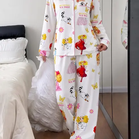 Spring Fall Women's Pajama Set, Wearable Long Sleeve Shirt and Loose Pants, Casual Fashion Candy Candy Print, Homewear Loungewear for Daily Use