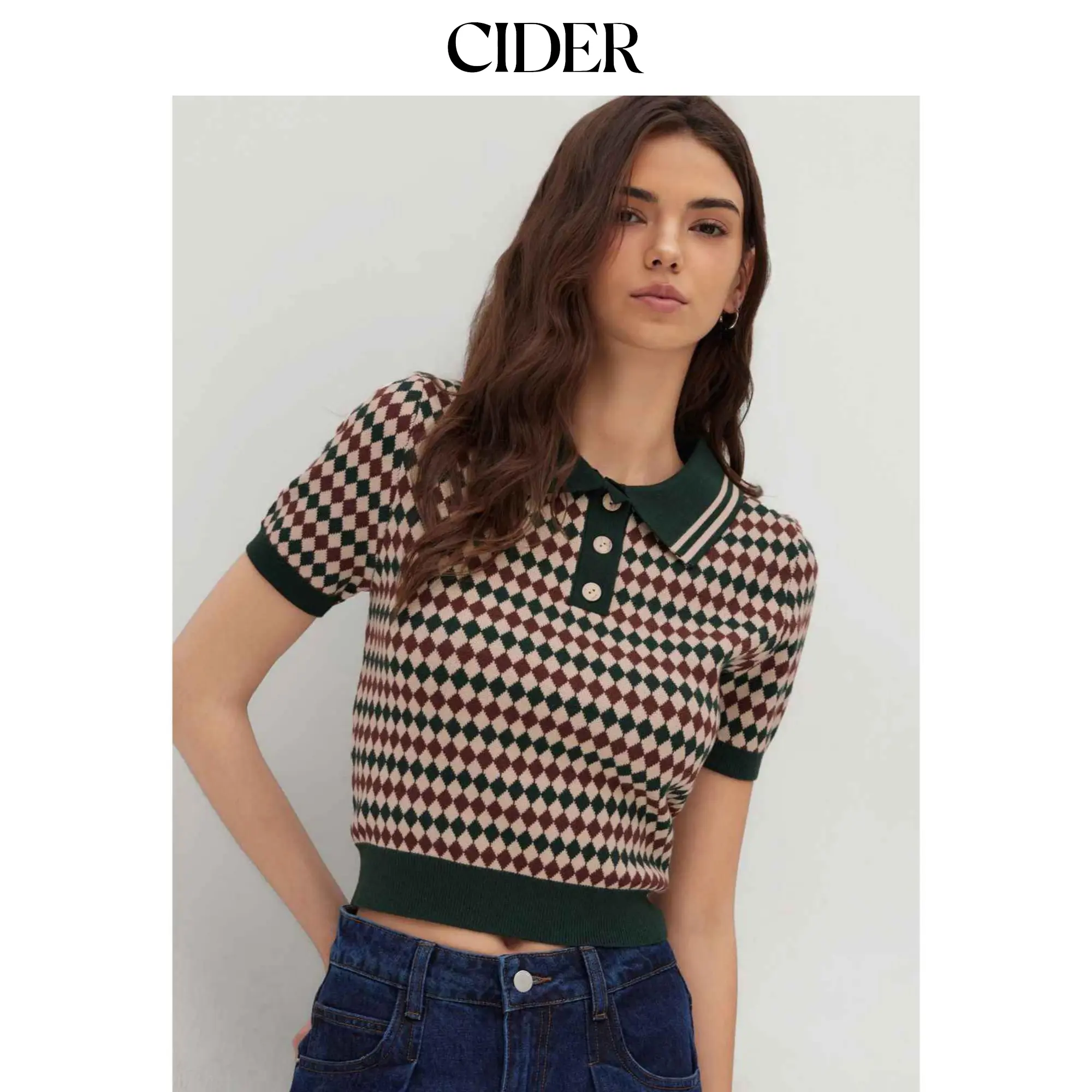 Cider Knit Polo Argyle Short Sleeve Top SummerFinds