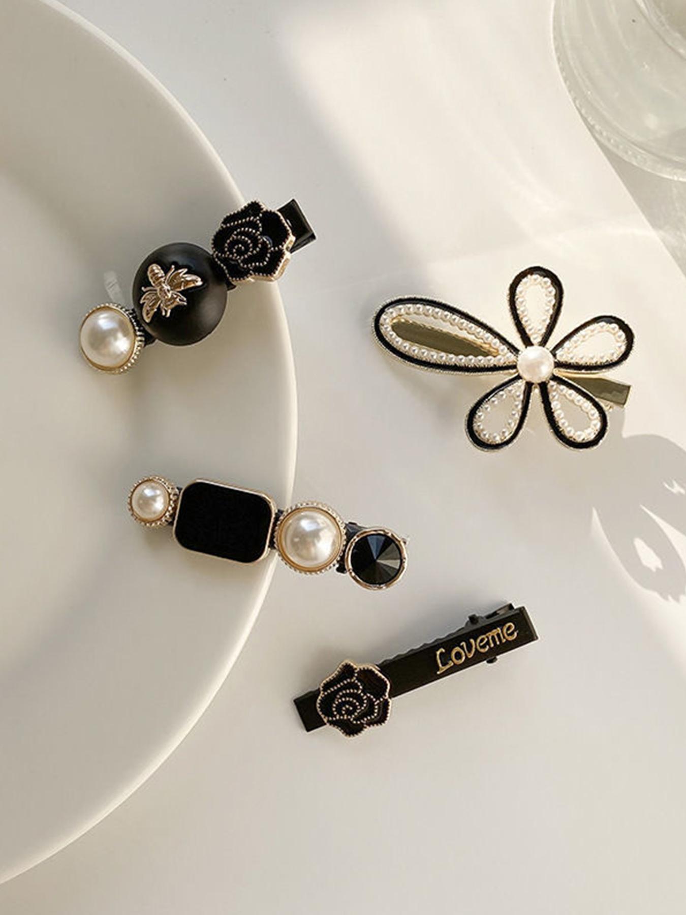 Faux Pearl and Feather Hair Clips Set for Women and Girls, Cute Bear Flower Scissors Design, Side Bang Fixed Hair Clips, Elegant and Fashionable Versatile Hair Accessories for Daily