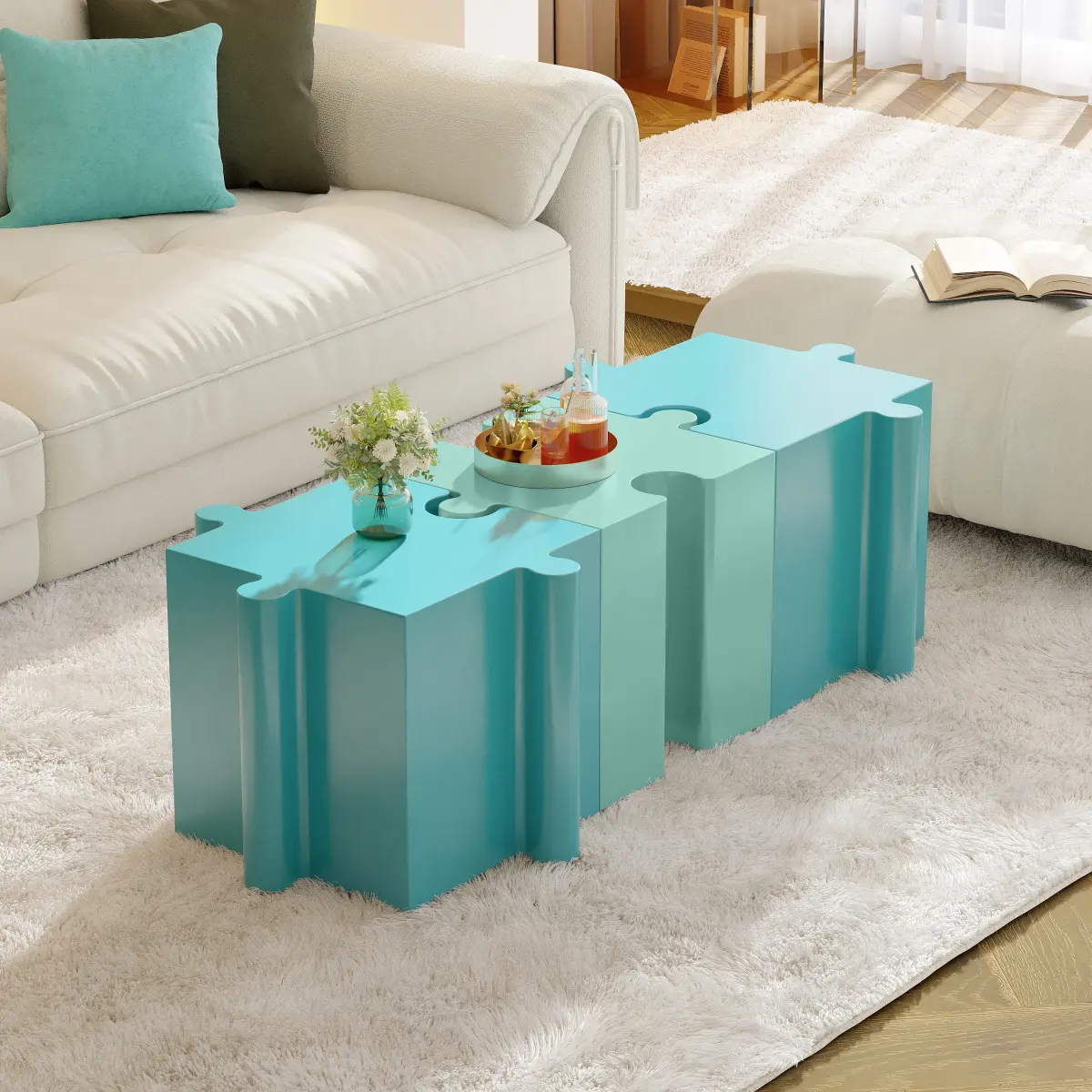 3-Piece Artistic Puzzle Table Set,Modular MGO Side Tables with Interlocking Design (2 Convex & 1 Concave), 200lb Capacity for Indoor & Outdoor,Light Blue & Light Green Color