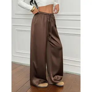 Women's Low-Waist Casual Retro Satin Long Pants,Viral Satin Wide-Leg Pants - Flowy, Elastic Waist, CasualRetro, Versatile Women' s Pants, Wide Legged Pants