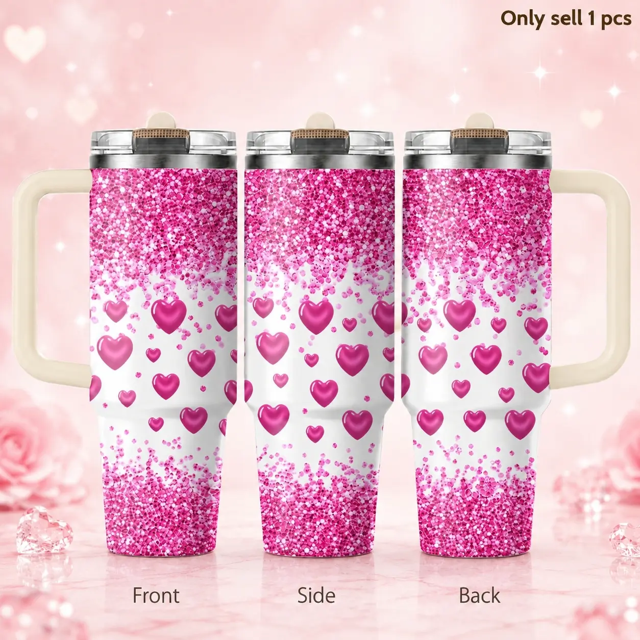 Pink Glitter Heart 40oz Tumbler – Cute Sparkle Stainless Steel Insulated Travel Cup with Handle & Straw Lid for Coffee, Water, Gym, Office, Car Cup Holder, Girly Aesthetic Gift