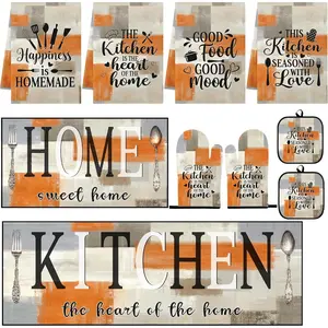10 Pcs Orange Beige Kitchen Decor and Accessories Set, 4 Dish Towels Kitchen Rugs 2 Oven Mitts 2 Pot Holders, Home Decor for Cooking Baking BBQ Gifts Women Mom Housewarming