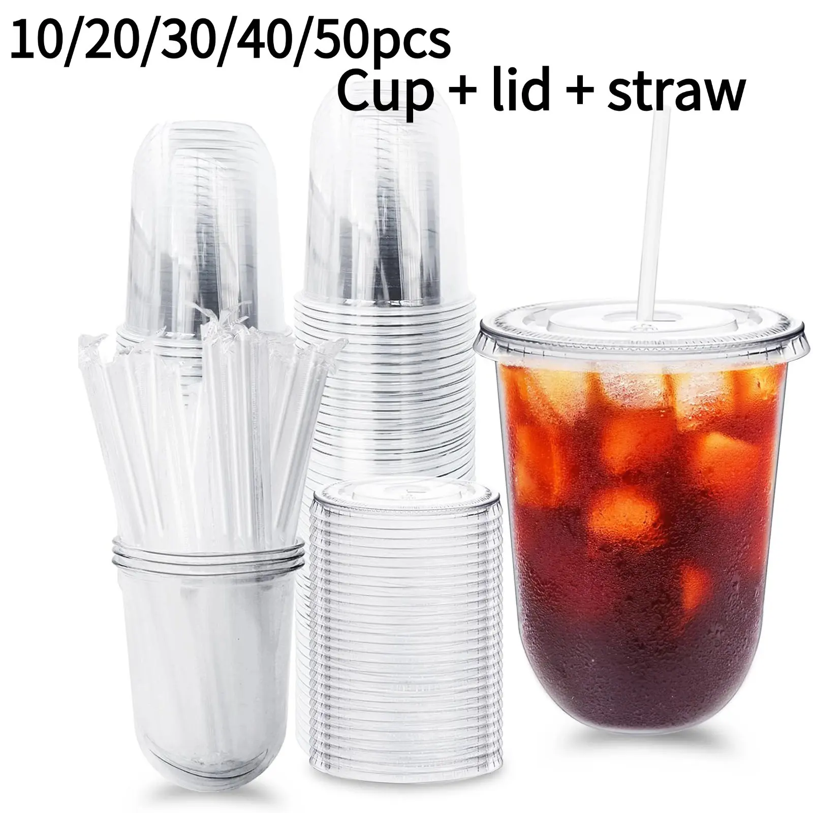 10/20/30/40/50 Pack 16oz Round Bottom Plastic Cups, Transparent Ice Coffee Cups with Lids and Straws, Leak-Proof U-Shaped Cold Drink Cups