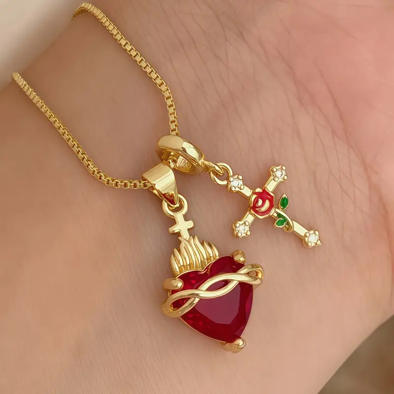 New Heart-Shaped Rose Cross Multi-Pendant Necklace DDXL0153, Stylish Premium Clavicle Chain Jewelry For Women, 14K Gold-Plated