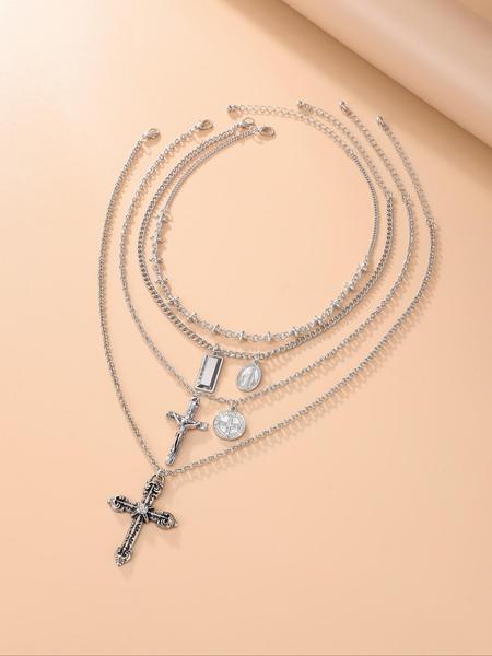 4-Piece Vintage Metal Geometric Circle Pendant Layered Necklace Set, Women's Punk Style Jesus Cross Pendant Jewelry, Unique Fashion Accessories