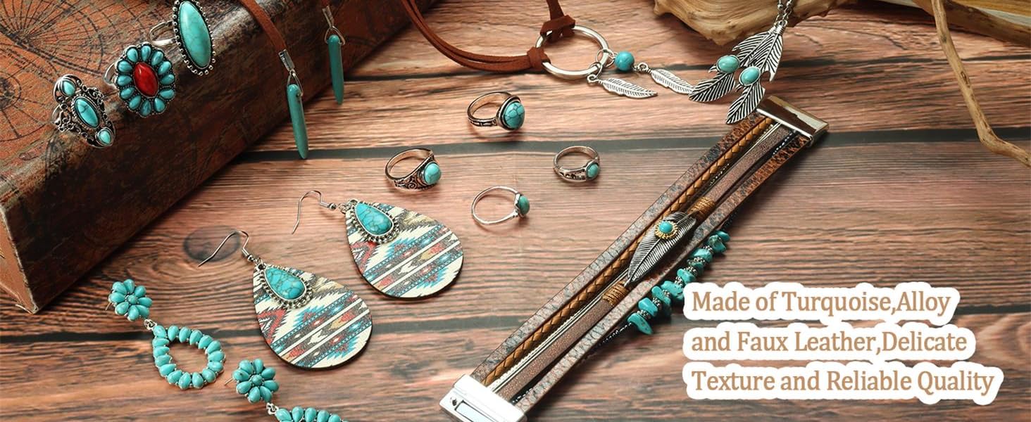 Fashionable  Western Jewelry for Women Bohemian，Exquisite Turquoise Jewelry Set , Turquoise Faux Leather Cuff Bracelet, Necklace&Earrings &Rings