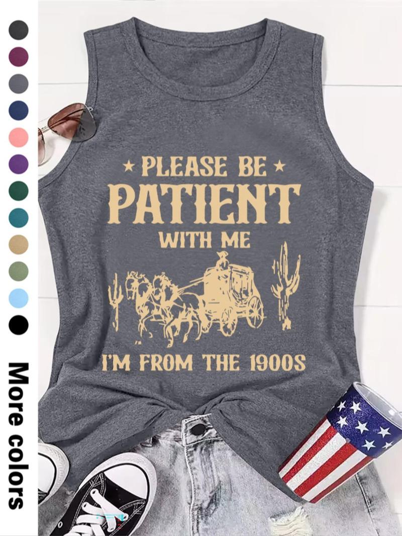 Women's Letter Print Round Neck Tank Top, Casual Sleeveless Crew Neck Top for Daily Wear, Ladies Clothes for All Seasons