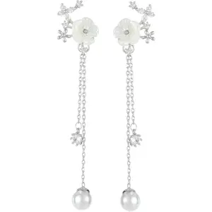 Pearl Flower Dangle Drop Earrings for Women, Trendy 14K Gold Plated Long Threader Chain Dainty Wedding Floral Earrings for Brides CZ Cute Statement Sparkly Jewelry Gift