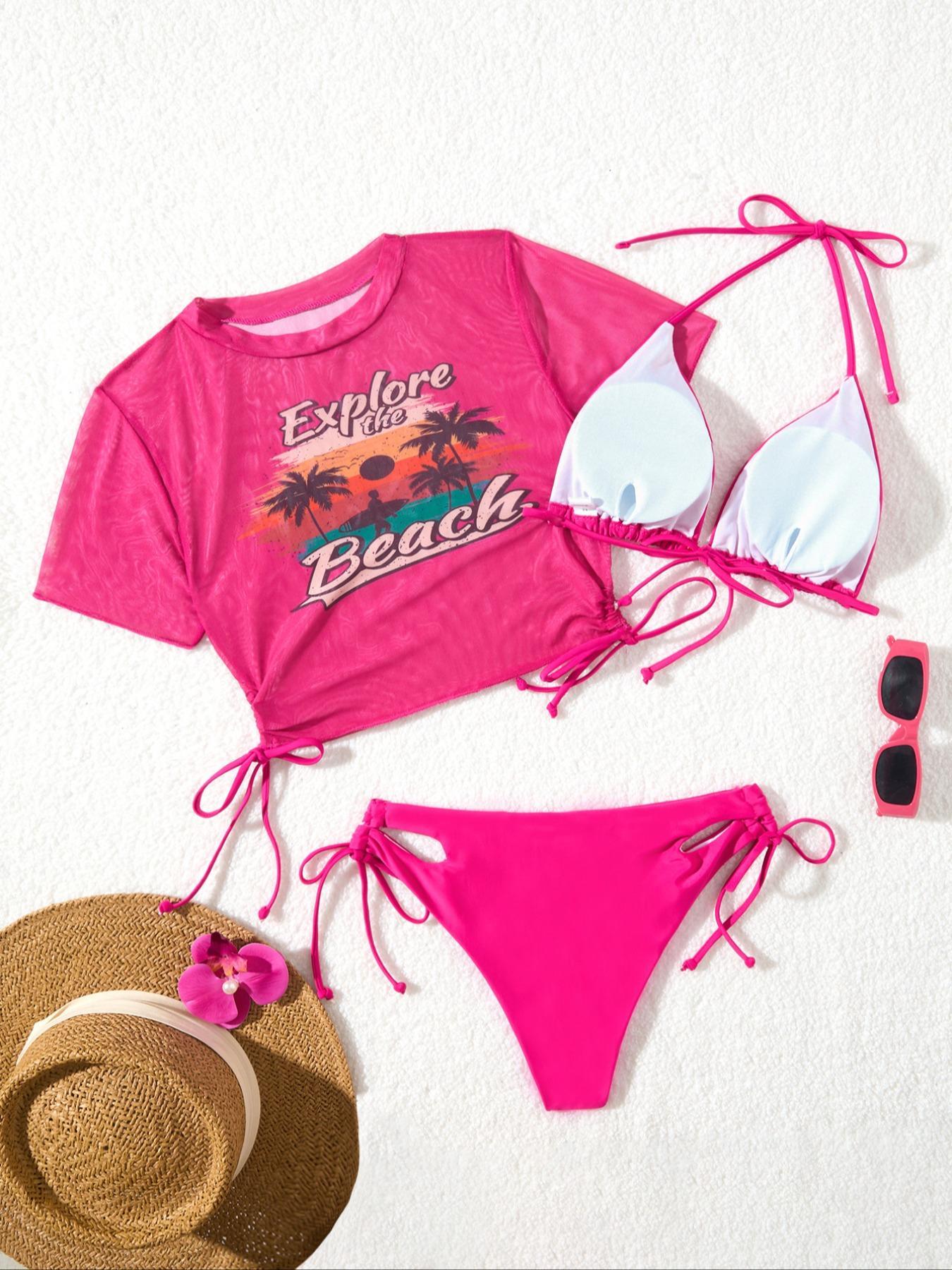 Women's Letter & Palm Tree Print Bikini Set, Halter Bikini Sets, Sexy Halter Neck Triangle Swim Bra & Tie Side Swim Panty & Sheer Cover Up Top Set, Ladies Swimsuit for Beach Holiday Vacation, Tropical Print Bikinis