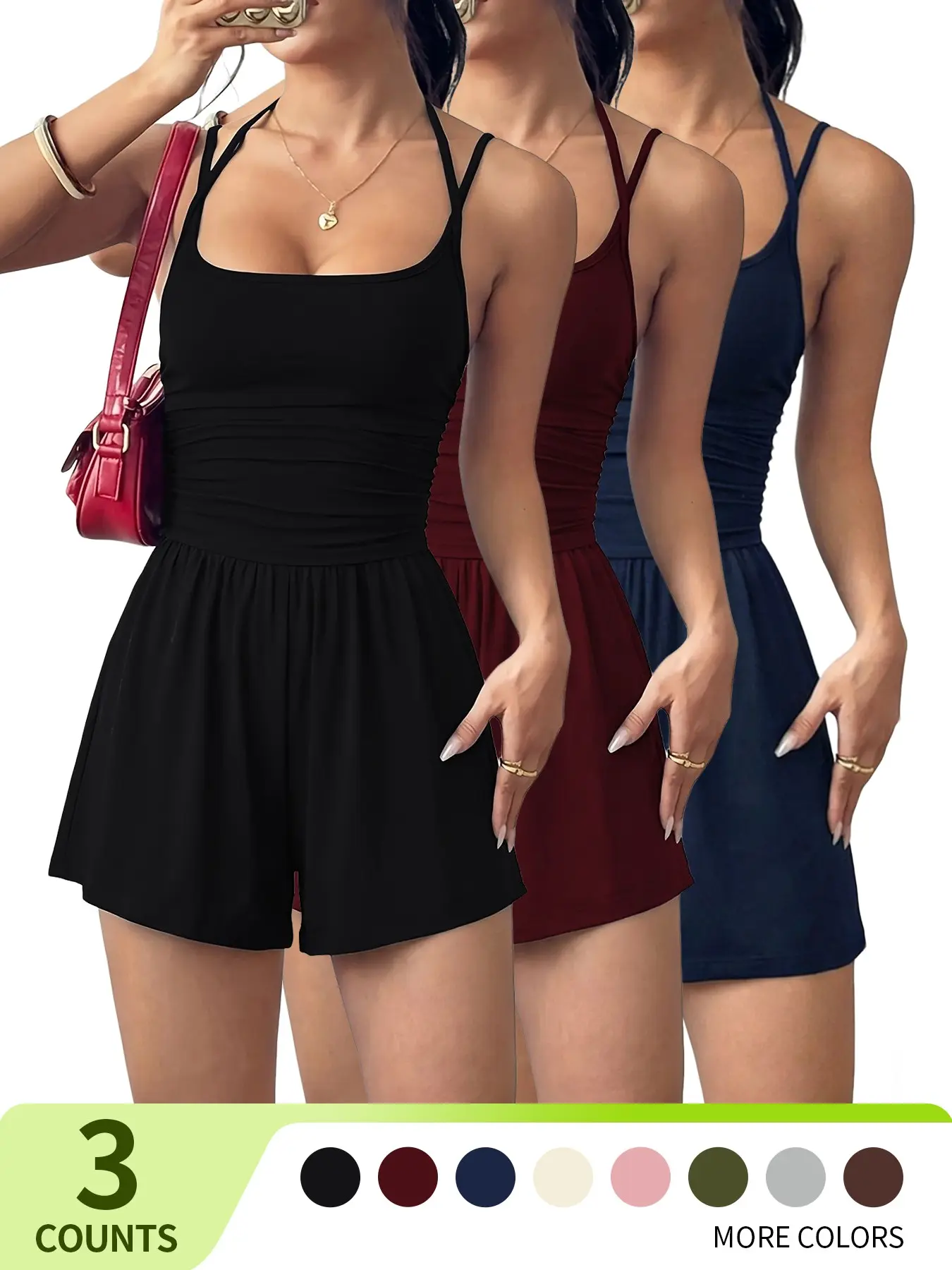 Women's 1/3-Piece Solid Color Adjustable Romper, Casual Fashion Romper for Summer, Women's Clothes for Daily Wear, Easy Care