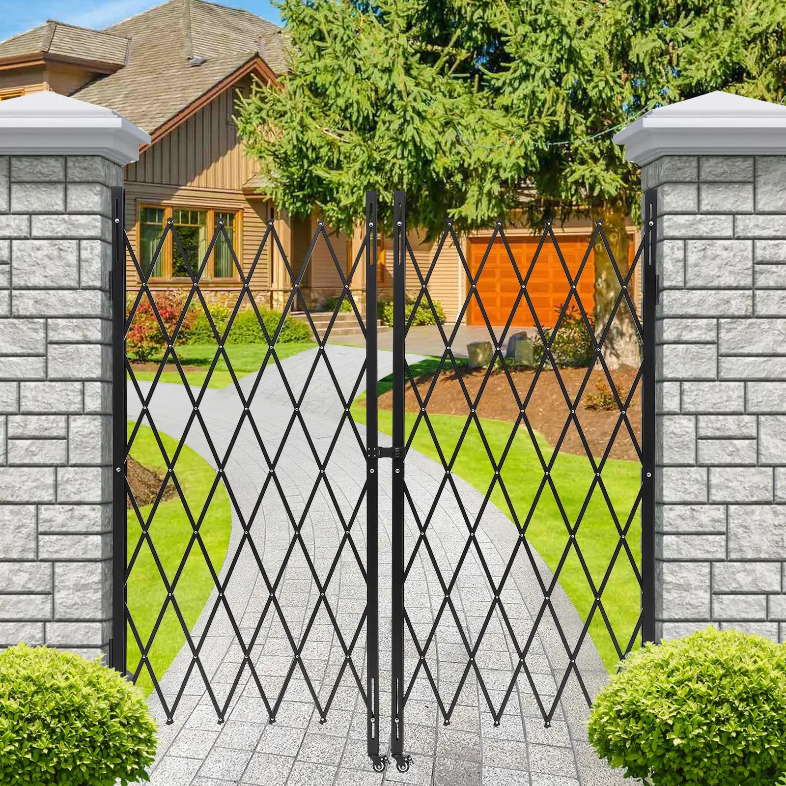 61"x71" Expandable Steel Folding Security Gate with 360° Rolling Wheels and Padlock for Enhanced Protection and Easy Mobility