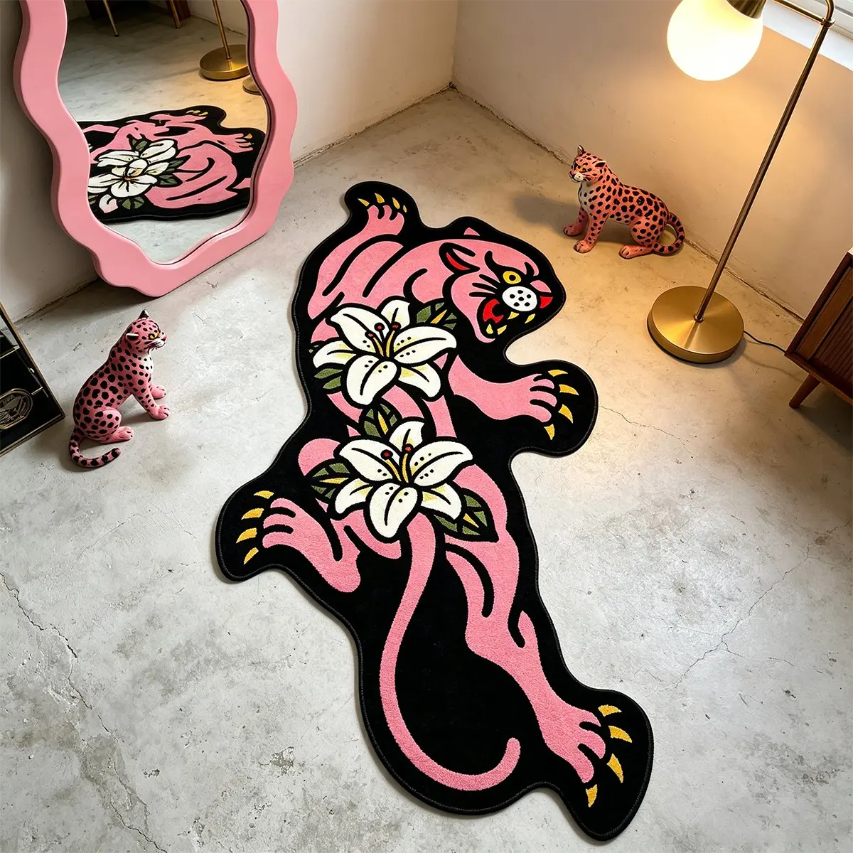 One Y2K Pink Leopard Rug, Irregular Shaped Floor Mat, Old School Bedroom Non-Slip Floor Mat, Soft Machine Washable Rug, American Retro Home Decor Rug, Home Decorative Rug, Birthday Gift, Suitable for Living Room, Dressing Room, Indoor Area Rugs
