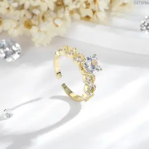Geometric Round Zircon Adjustable Ring 14K Gold Plated Copper Dainty Finger Jewelry For Women