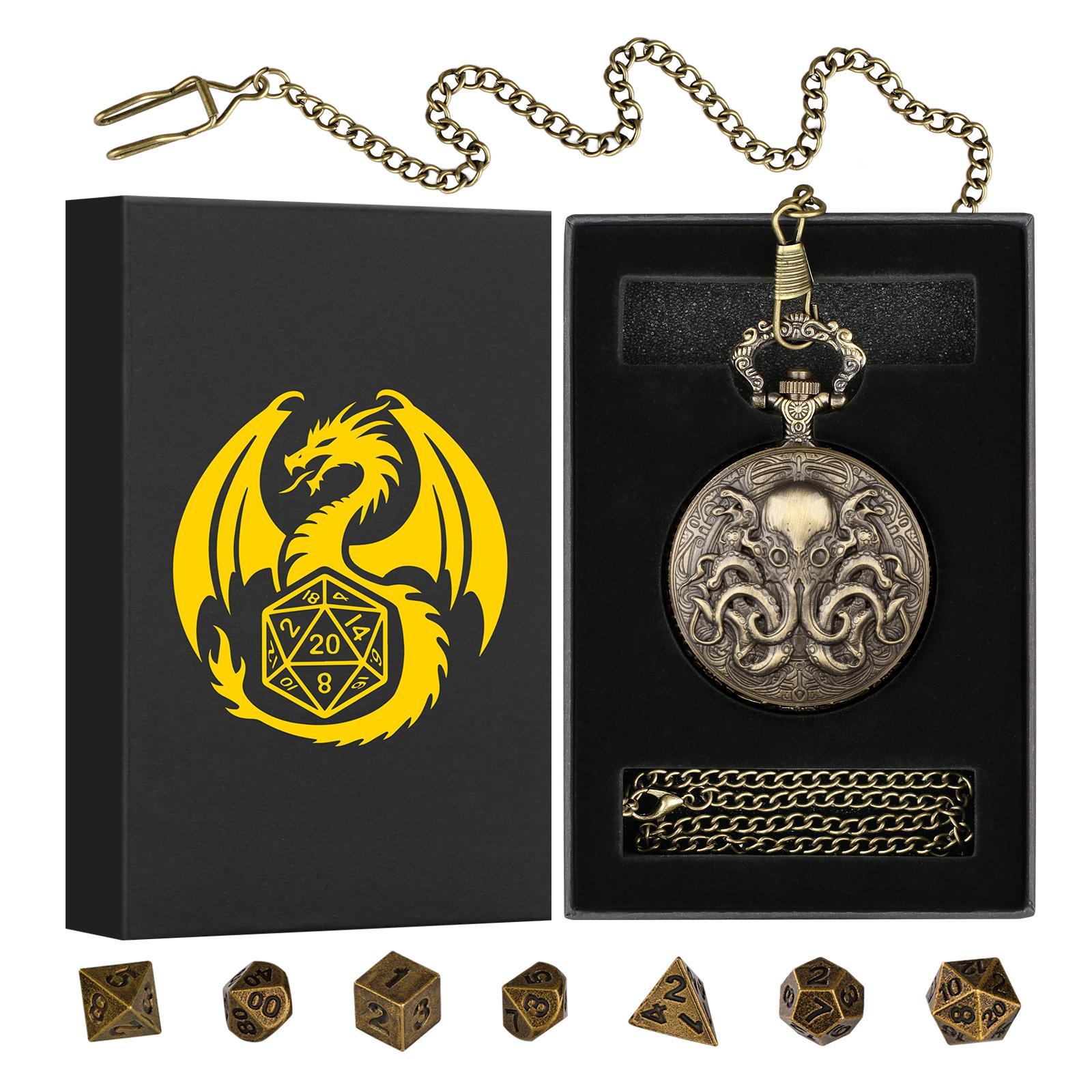 Double Eye Octopus Design Pocket Watch with Chain & Dice Set, 1 Set Role Playing Game Accessories, Cosplay Game Accessories