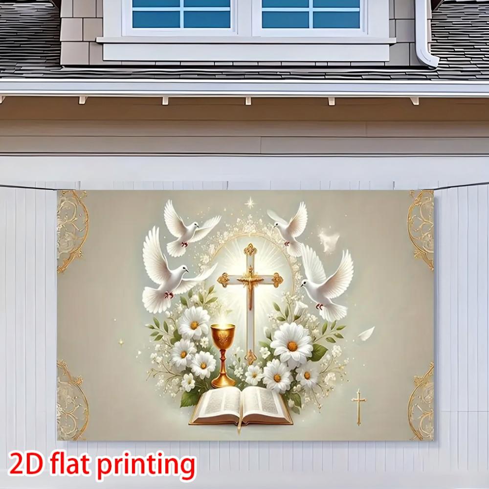 2D Flat, 2D Flat, 2D Flat Banner, One Baptism Party Background Banner, Dove Pattern, Floral Design, Cross Pattern, Suitable for Church, Birthday, Baptism, Shower, Wedding, Party, First Communion, Garden, Ro