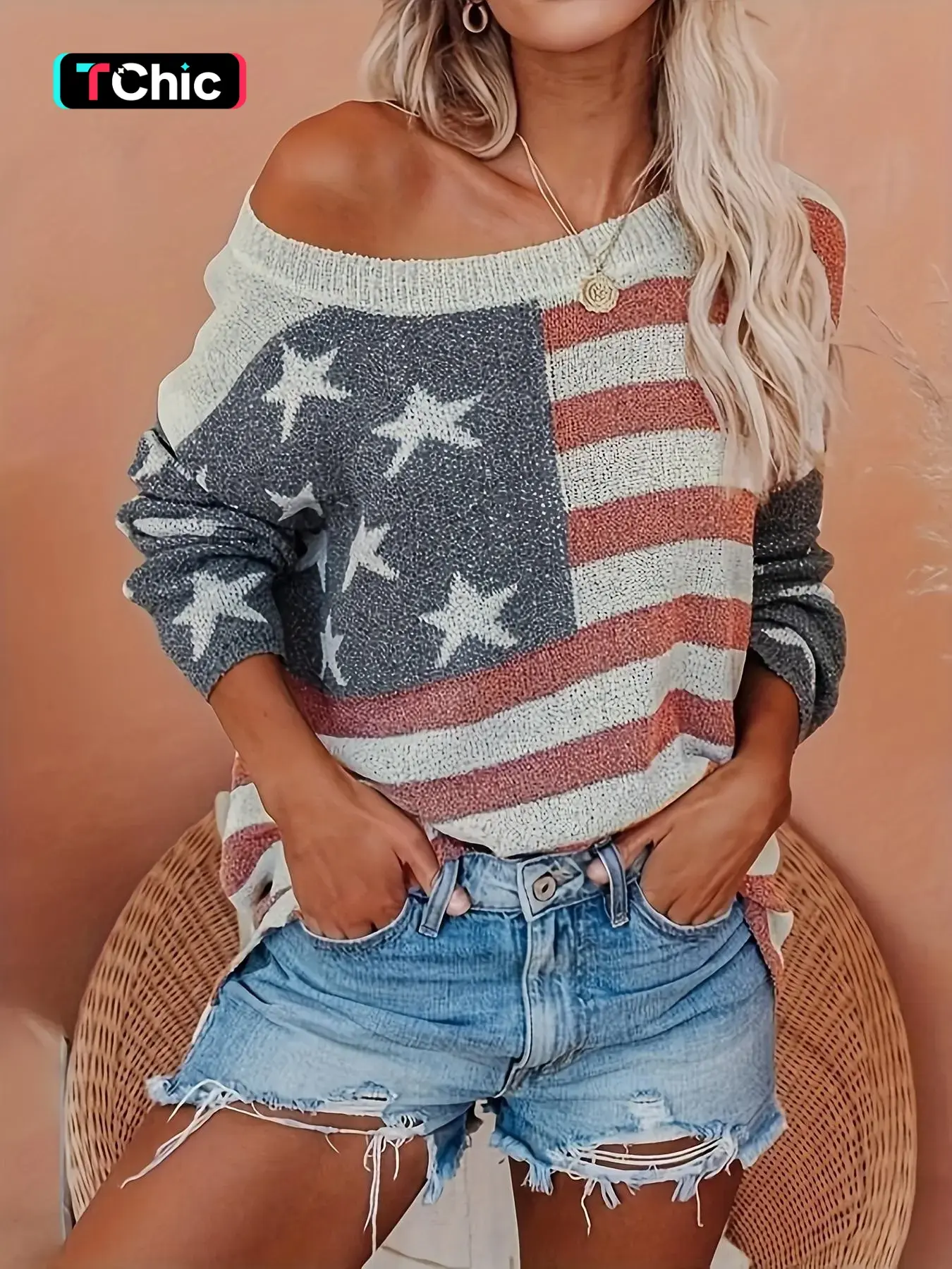 Women's Flag Print Drop Shoulder Crew Neck Knit Top, Casual Cozy Pullover, Long Sleeve Round Neck Knitwear for Spring & Fall, Fashion Ladies' Knit Clothing for Daily Wear