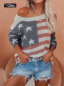 Women's Flag Print Drop Shoulder Crew Neck Knit Top, Casual Long Sleeve Round Neck Knitwear for Spring & Fall, Fashion Ladies' Knit Clothing for Daily Wear