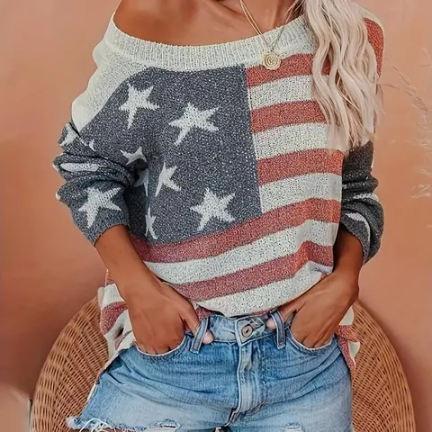 Women's Flag Print Drop Shoulder Crew Neck Knit Top, Casual Long Sleeve Round Neck Knitwear for Spring & Fall, Fashion Ladies' Knit Clothing for Daily Wear