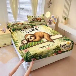 3Pcs Cute Sloth Pattern Fitted Sheet Set, Funny Digital Print Bedding Set, All-Round Deep Pocket Fitted Sheet with 2 Matching Pillowcases, Cozy Humorous Animal Themed Bed Linens for Sloth Lover Bedroom Decor