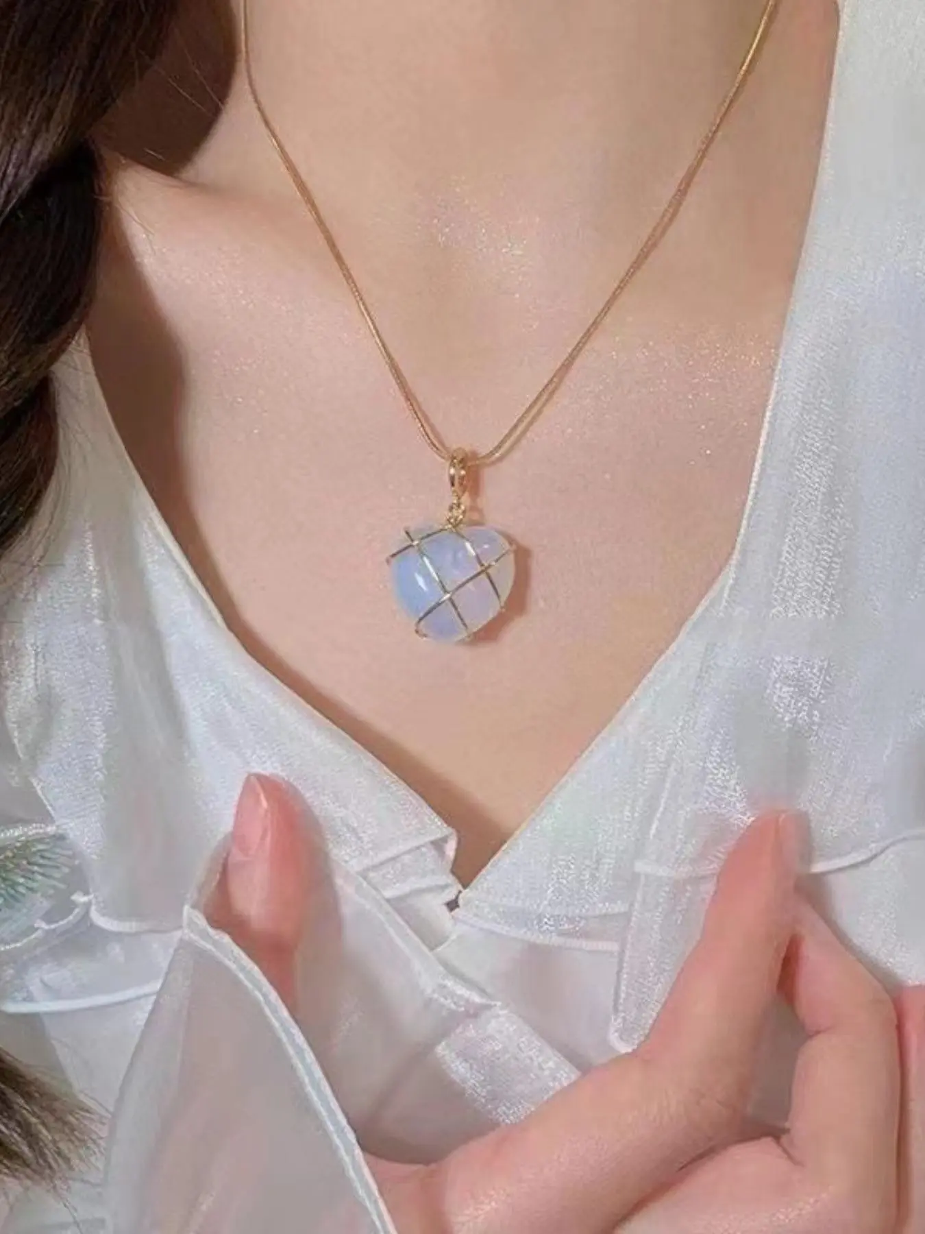 Sweet Fashion Barbie Natural Crystal Opal Heart Pendant Necklace, Copper Wire Wrap Jewelry for Women, Party Accessory