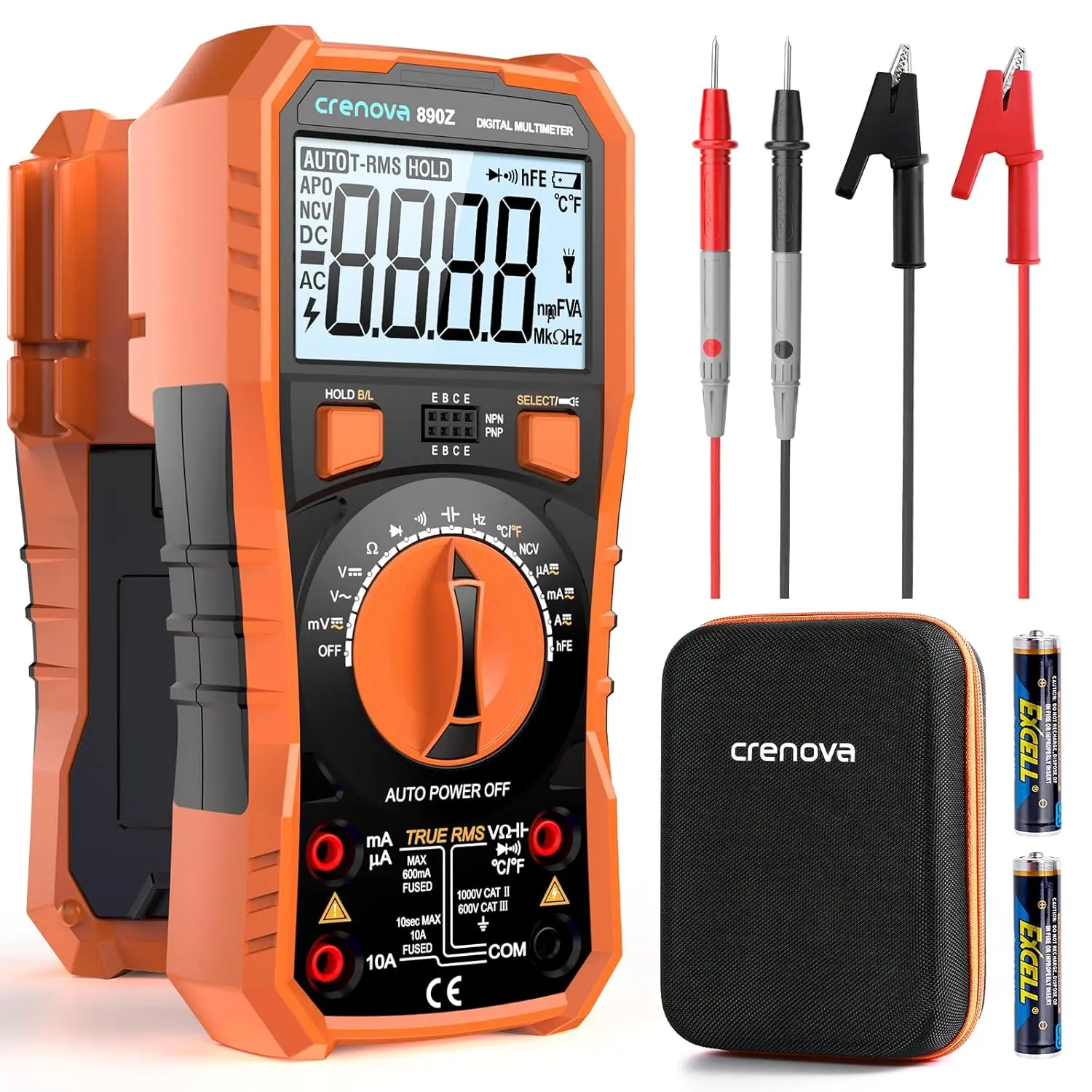 2026 Crenova 890Z Digital Multimeter 6000-Count TRMS 1000VDC/750VAC Auto-Ranging| Measures AC/DC Voltage, Current, Resistance, Capacitance, Diode, Continuity, Transistor (hFE), Temperature, NCV