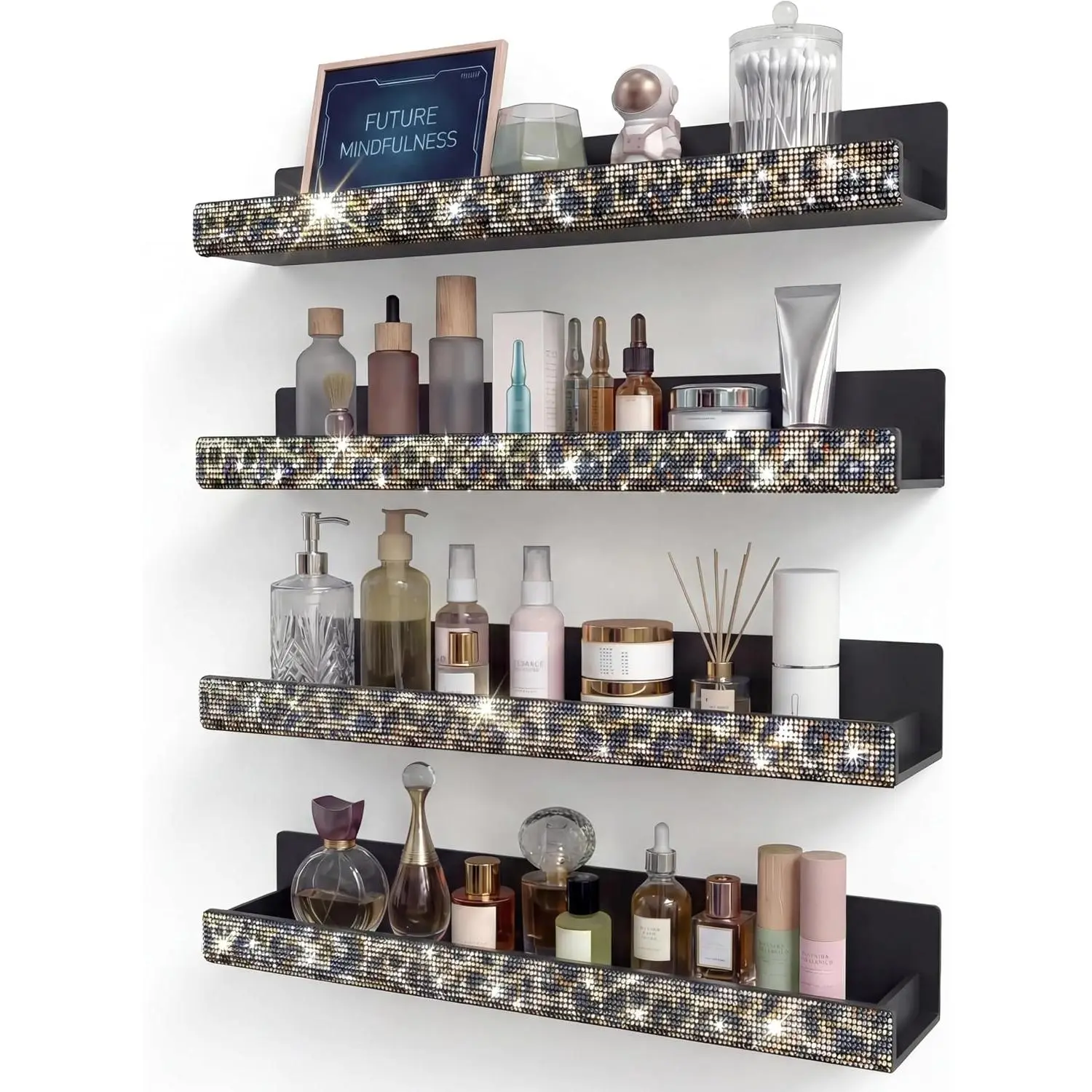 Polish Wall Shelf -15 Inch  Black with Bling Leopard Print Sparkling  Rhinestone, Essential Oil Organizer, Sunglasses Picture Display,  Polish Rack for Bedroom, Studio 4 Pack