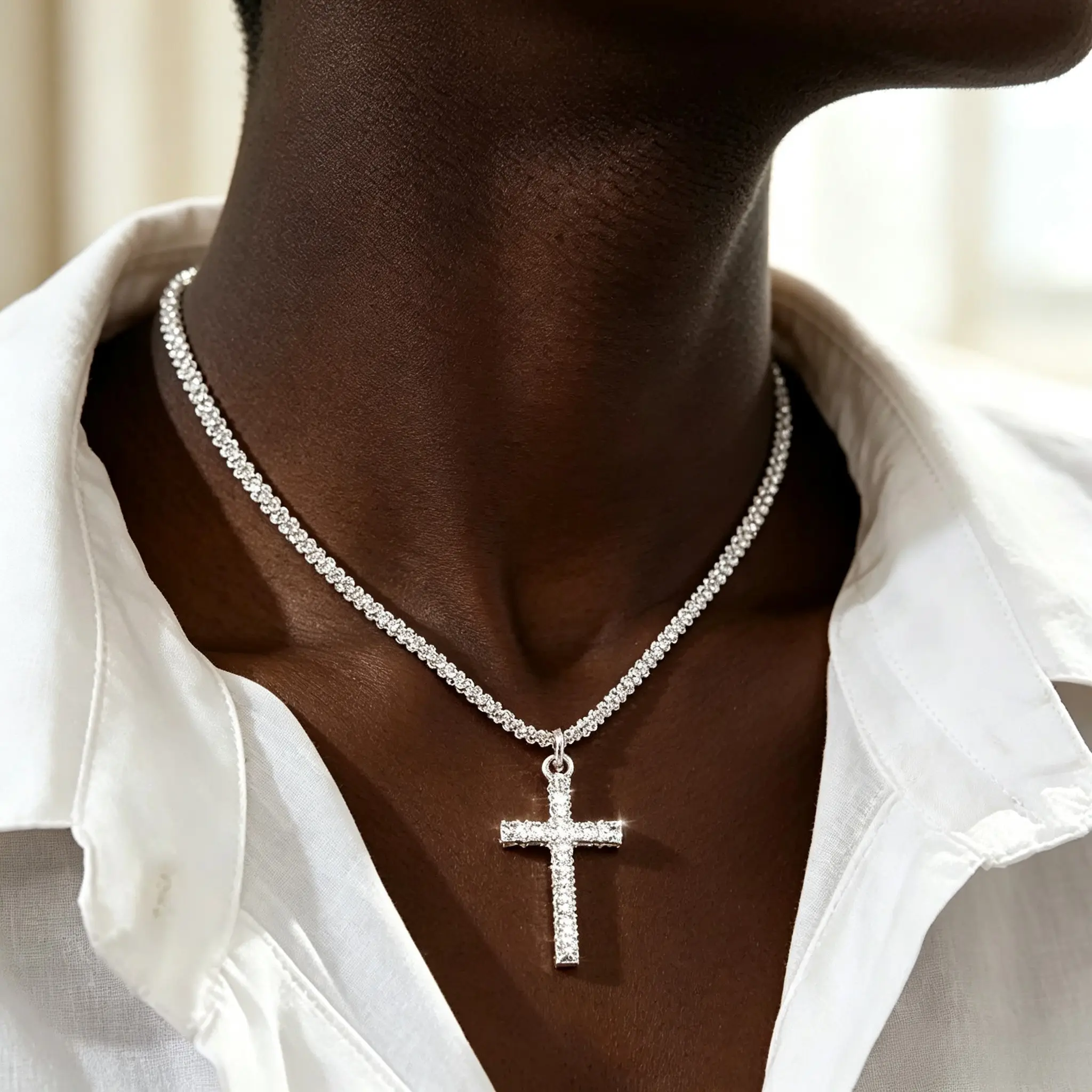Unisex Cross Pendant Necklace - Cross Shape, Stainless Steel with Silver Inlay & Synthetic Zircon, Fashionable Versatile Collarbone Chain Jewelry for Daily Wear & Banquets