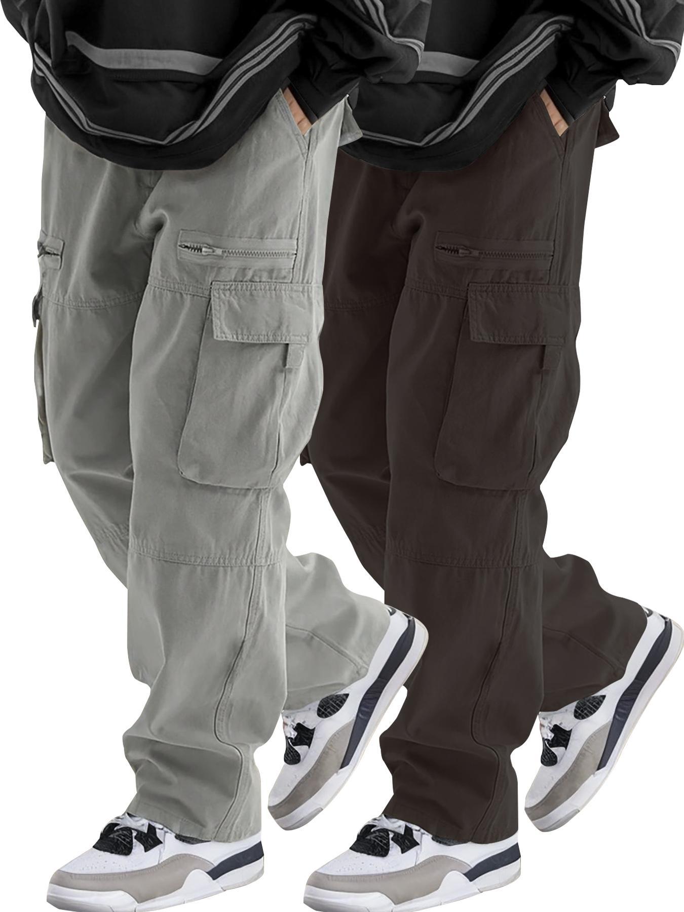 Unisex Loose-Fit Solid-Color Cargo Pants with Pockets, Drawstring and Zip Fly, Casual Comfy Woven Trousers for Everyday Outdoor Wear, Streetwear Style, Suitable for All Seasons