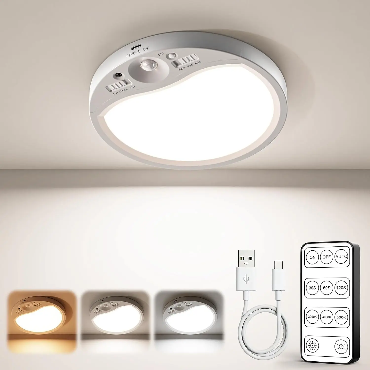 Rechargeable Motion Sensor Ceiling Light Indoor with Remote | 8000mAh USB-C wireless battery operated 3CCT dimmable slim magnetic light with 30/60/120s timer for closet hallway stairs use