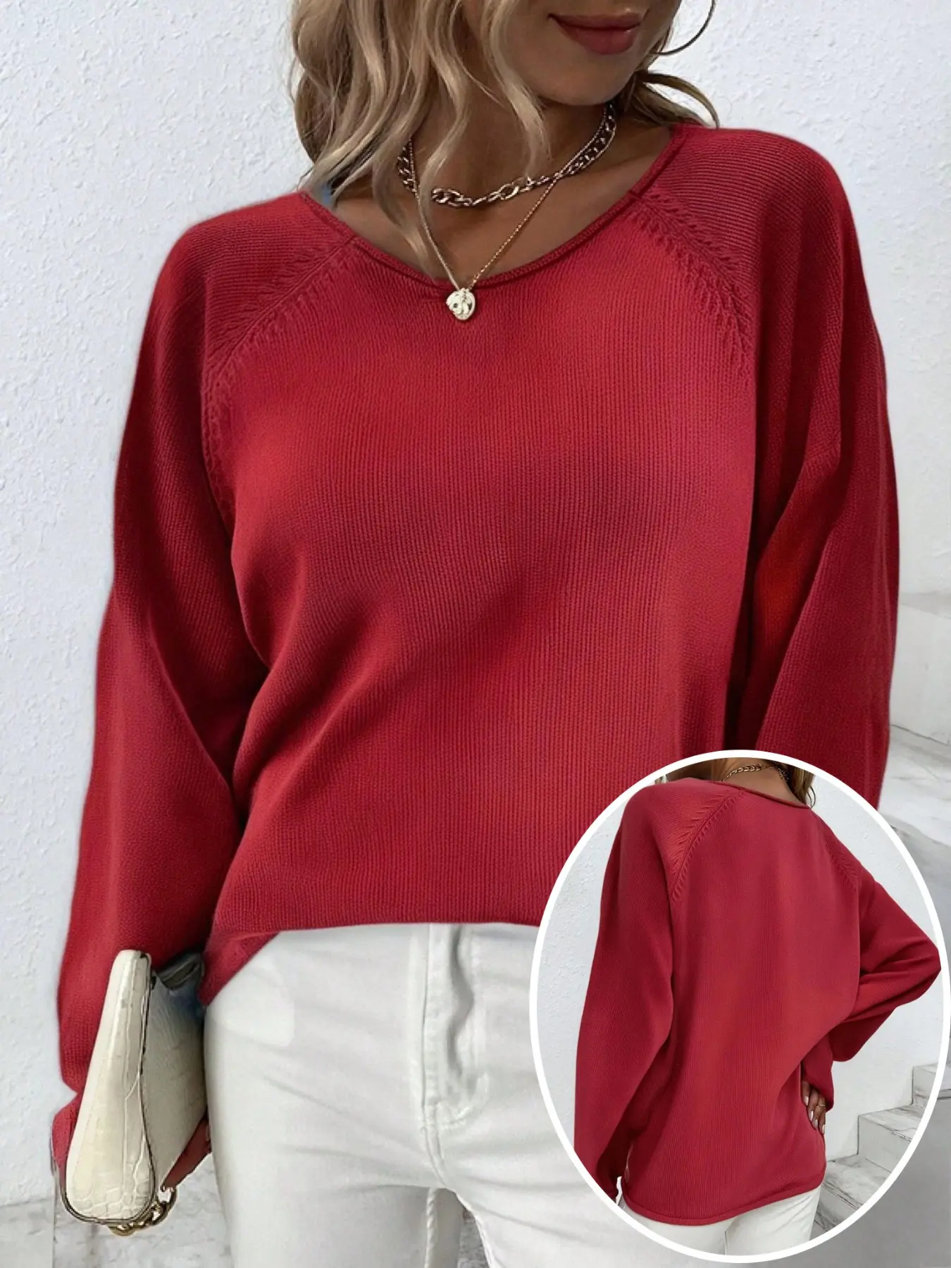 Plus Size Women's Solid Color Long Sleeve Knit Top, Casual Comfortable Design, Perfect for Daily Wear, Soft and Cozy Material