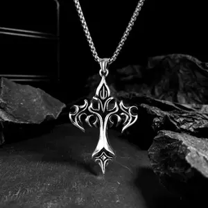 Men's Retro Cross Necklace, Zinc Alloy Casting Flame Pendant on a 60cm Stainless Steel Chain, Male Religious Protective Amulet, One Piece