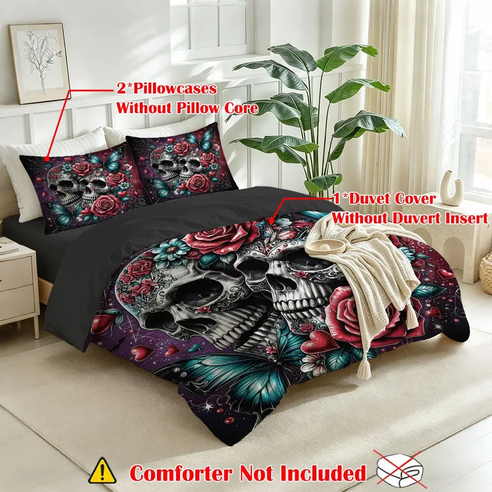 3pcs Gothic Halloween Rose Love Couple Skull Digital Print Bed Set, No Padding, Single & Twin Bed, Bedroom, Dorm, Gift
