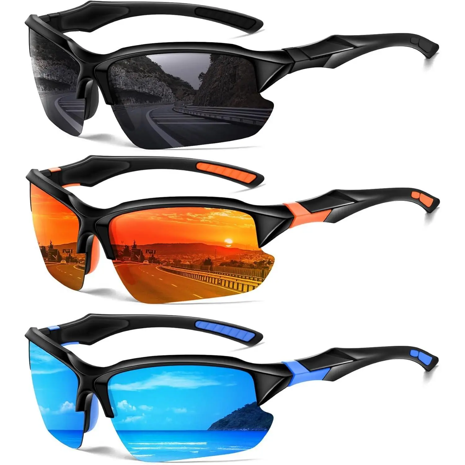 Men's Polarized Sports Sunglasses, Lightweight Half-Frame Goggle-Style Eyewear with UV Protection for Cycling, Fishing