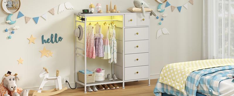 47.2" White Dresser with Hanging Rack, 2 in 1 Bedroom 6 Drawers Dresser with LED Lights & Charging Station, Wooden Dressers with Fabric Drawers and Clothing Rack for Girls, Kids