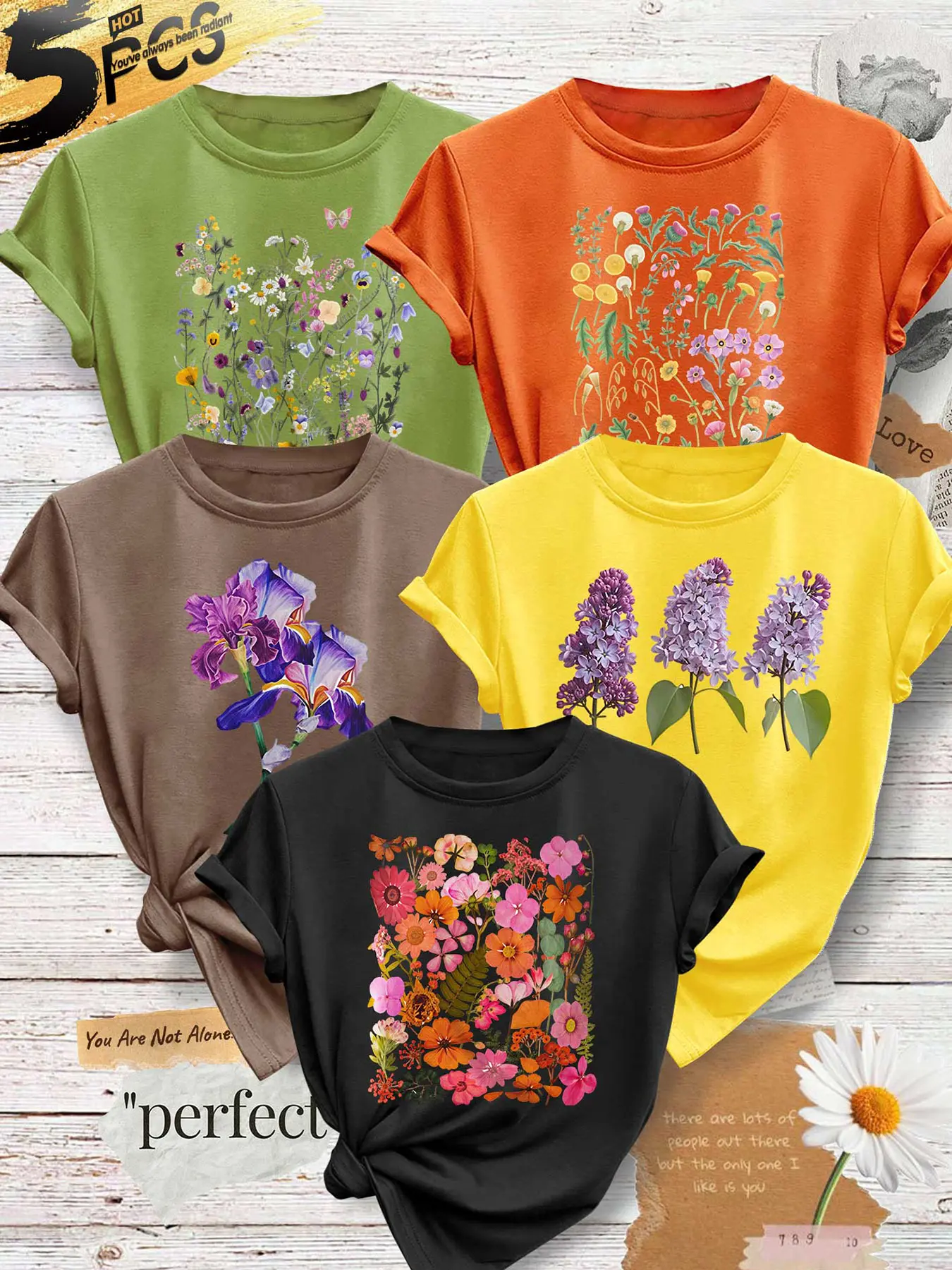 5‑Pack Women Crew Neck T‑Shirts, Lilac Floral Print As Picture, Multi‑Color Available, Machine Washable, Spring Summer Tops, Soft Skin‑Friendly Fabric, Daily Wear For All Occasions, Fashion Casual Women Short Sleeve T‑Shirts