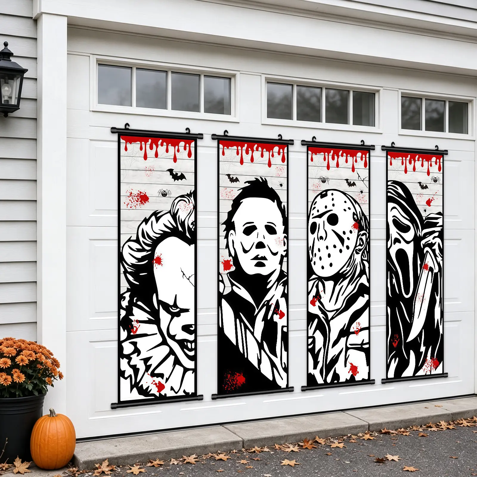 Halloween Decorations Large 4Pcs Monochrome Masked Horror Portraits Vintage Vinyl Backdrop Decor Outdoor Horror Poster For Indoor Holiday Home Wall Art Wallpaper Hanging Porch Sign Banner Party Wall Decor High Quality Waterproof Painting Hd Artwork