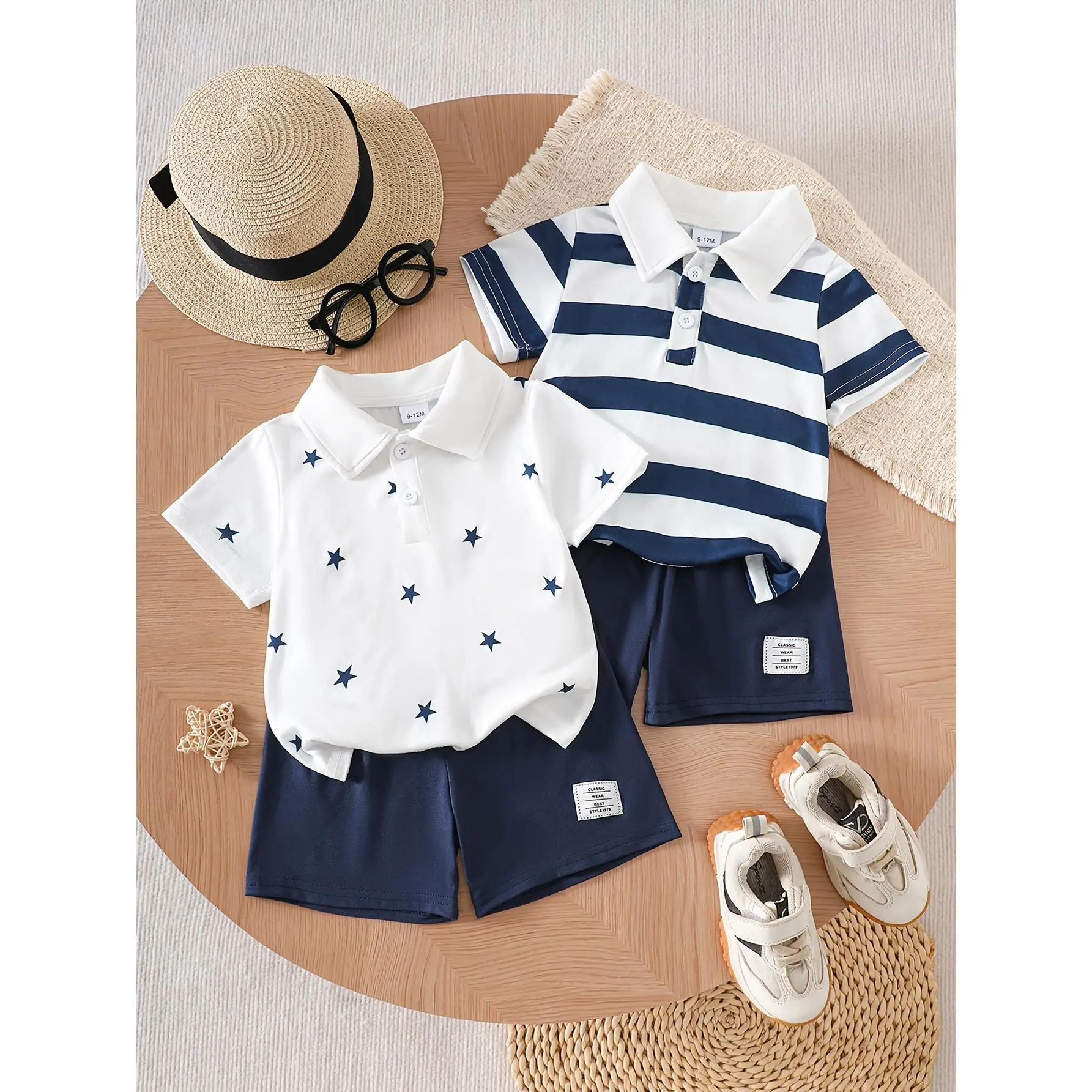 Baby Stuff, Spring Summer Baby Boy Polo Set, Striped Set And Starry Set, Soft Comfortable Skin-Friendly Fabric, Casual Lapel Short Sleeve And Shorts 4pcs Set, for Outdoor, Newborn/Toddler Necessities