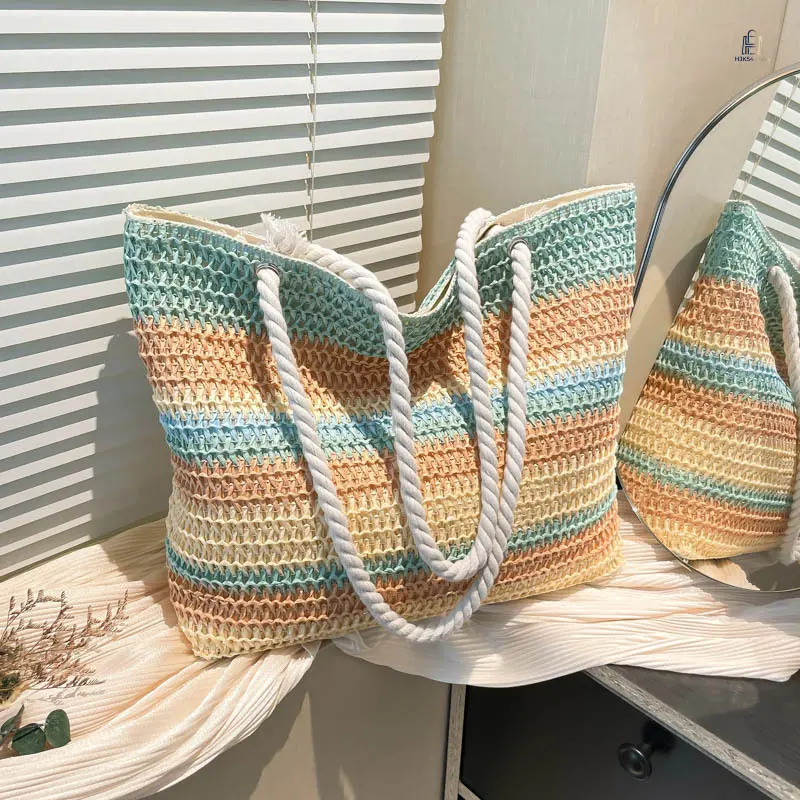 Women's 2026 New Rainbow Color Block Striped Straw Shoulder Bag, Large-Capacity Beach Vacation Tote Handbag, Daily Casual Fashion Accessory