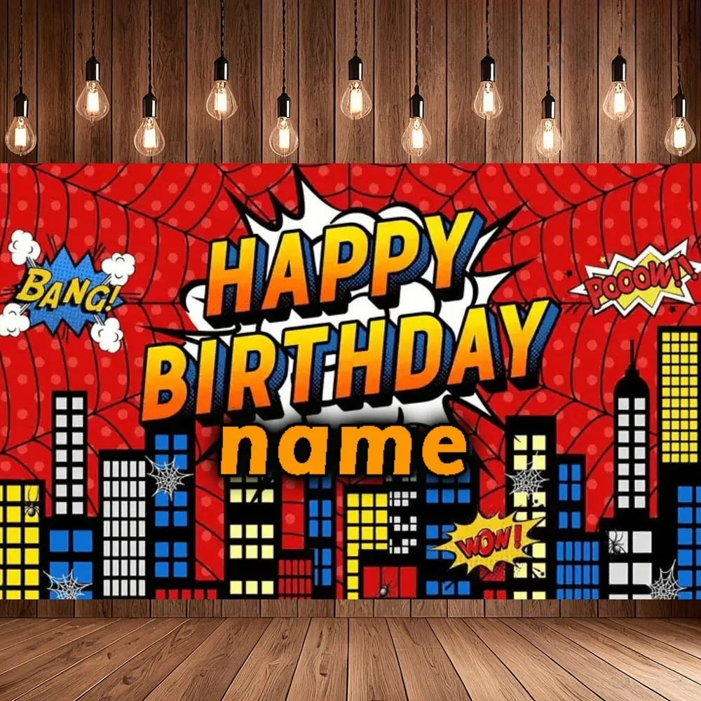 Spider Superhero Birthday Backdrop Banner Comic City Style Tapestry Wall Hanging Photography Background Polyester Fiber Urban Theme Custom Name Party Decor for Birthday Celebration Photo Studio Props Indoor Outdoor Events