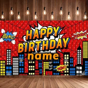 Spider Superhero Birthday Backdrop Banner Comic City Style Tapestry Wall Hanging Photography Background Polyester Fiber Urban Theme Custom Name Party Decor for Birthday Celebration Photo Studio Props Indoor Outdoor Events
