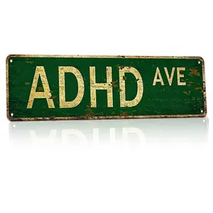 16x4 In Vintage ADHD Ave Neurodiversity Humor Viral Meme Aluminum Sign - Weatherproof, Rust-Proof, Flat-Printed, Distressed Green Street Design Home Wall Art Plaque, Unique Gift For Neurodivergent Friends