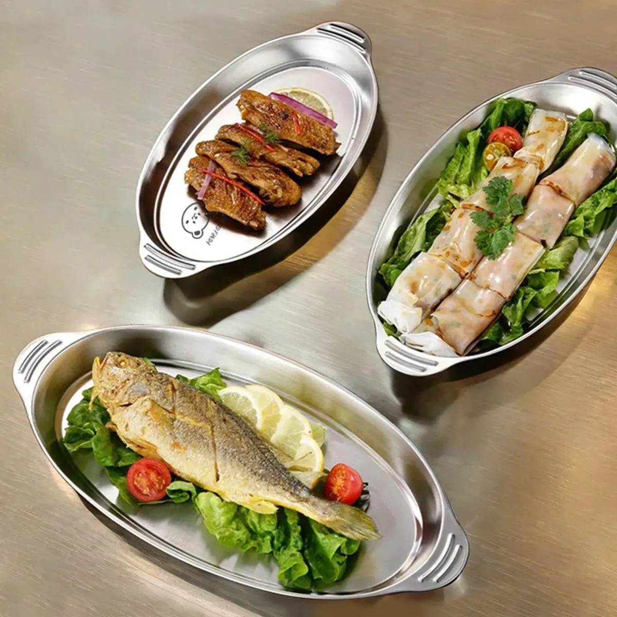WORTHBUY Stainless Steel Fish Dish Home Steaming Fish Plate Oval Platter Thickened Main Dish Plate Snack Dessert Serving Tray